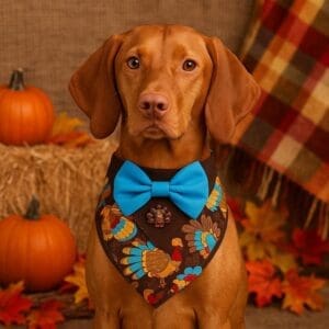 Dog wearing turkey-themed bandana and blue bowtie.