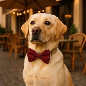 Labrador wearing a bow tie at outdoor cafe
