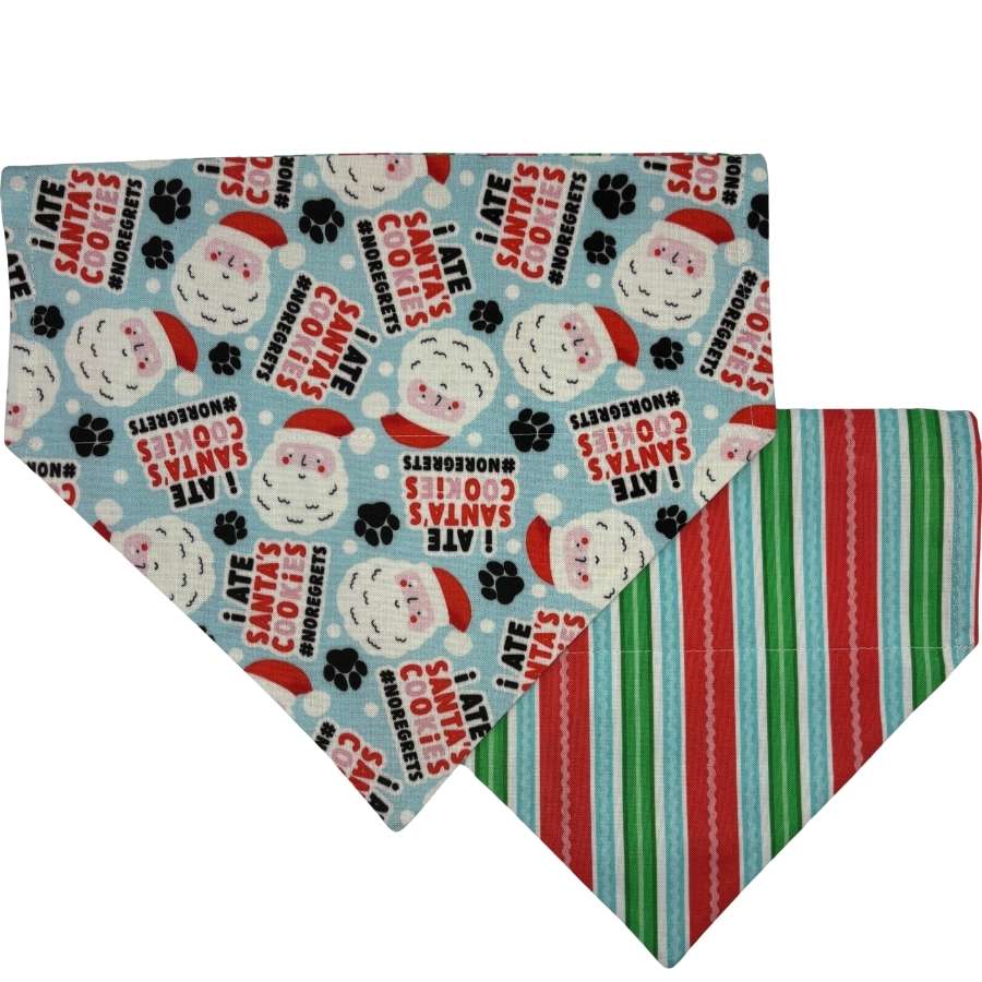 Festive pet bandanas with Santa design and stripes.