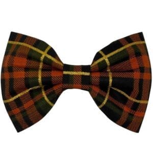 Plaid orange and black bow tie with gold highlights.