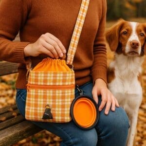 Person with dog, orange bag in park