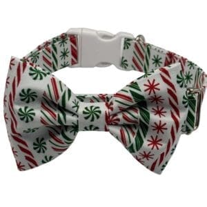 Festive dog collar with bow tie, candy patterns.