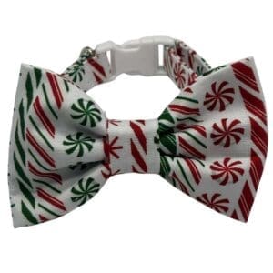 Festive dog collar with bowtie, candy cane pattern.