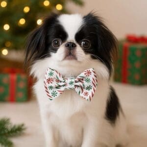 Dog with festive bowtie and Christmas decorations