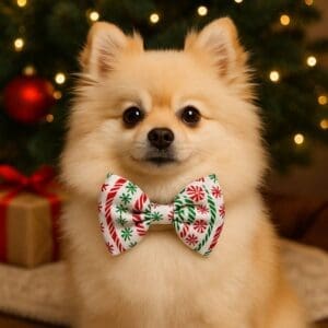 Fluffy dog in festive bow tie by Christmas tree.