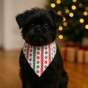 Black dog with Christmas bandana by tree.