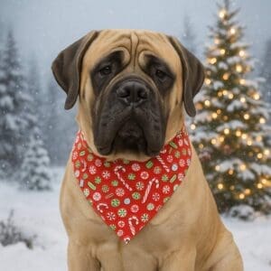 Mastiff wearing Christmas bandana, snowy festive background.