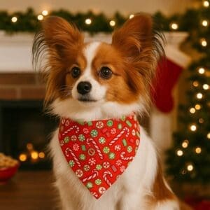 Papillon dog wearing festive Christmas bandana indoors.