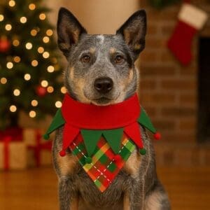 Dog wearing Christmas costume by tree.