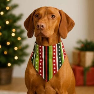 Dog in festive bandana by Christmas tree