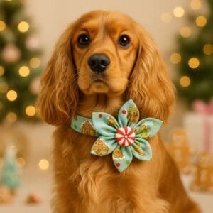 Golden dog with festive bowtie near Christmas tree