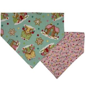 Festive reversible holiday print bandana, gingerbread and lights.