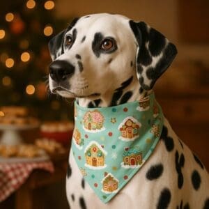 Dalmatian wearing gingerbread house bandana, Christmas background
