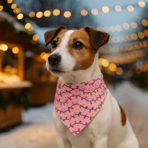 Dog with festive scarf at holiday market