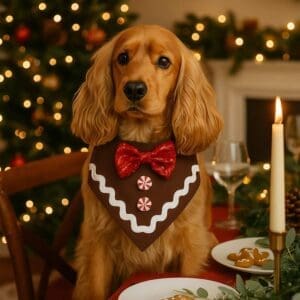 Dog in Christmas outfit by decorated tree