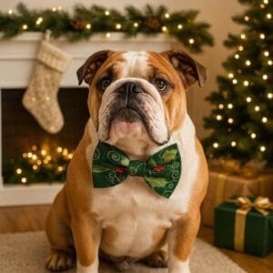 Bulldog in bow tie by Christmas decor