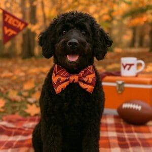 Dog with bow tie, autumn backdrop