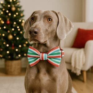 Dog wearing festive bow tie by Christmas tree.