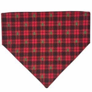 Plaid dog bandana with Christmas tree pattern.
