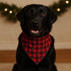 Black Labrador with red plaid bandana, festive background.
