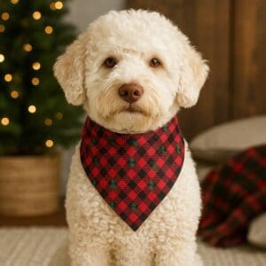 Fluffy dog with plaid bandana by Christmas tree.