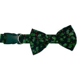Christmas holly dog collar with bow tie design