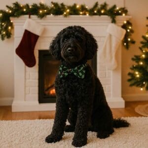 Dog with bow tie by Christmas fireplace.
