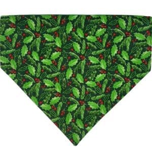 Green holly bandana with red berries pattern.