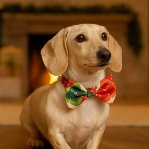 Dachshund wearing festive bow tie by fireplace.