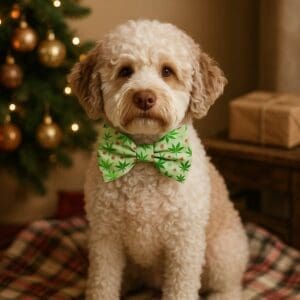 Dog with green bow tie, Christmas tree background.