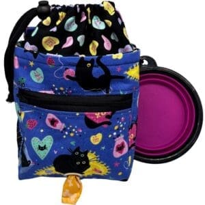 Colorful cat-themed drawstring bag with bowl