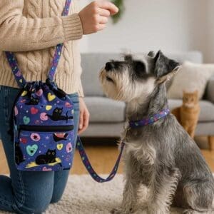Person with dog on colorful leash and bag.
