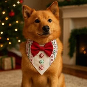 Dog in holiday bandana by Christmas tree