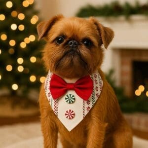 Dog in festive outfit by Christmas tree.