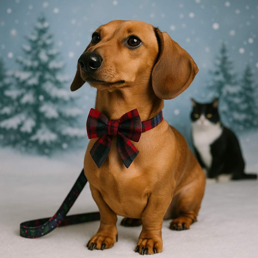 Dachshund in bow tie, cat in snowy background