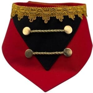 Red and black collar with gold trim and buttons.