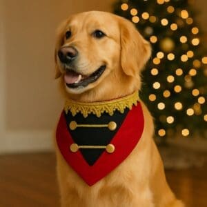 Golden retriever wearing festive costume near Christmas tree.