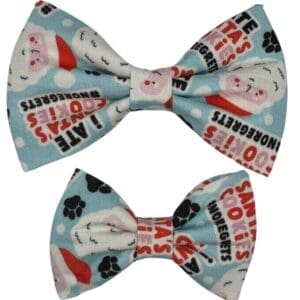 Santa-themed dog bow ties with festive patterns.