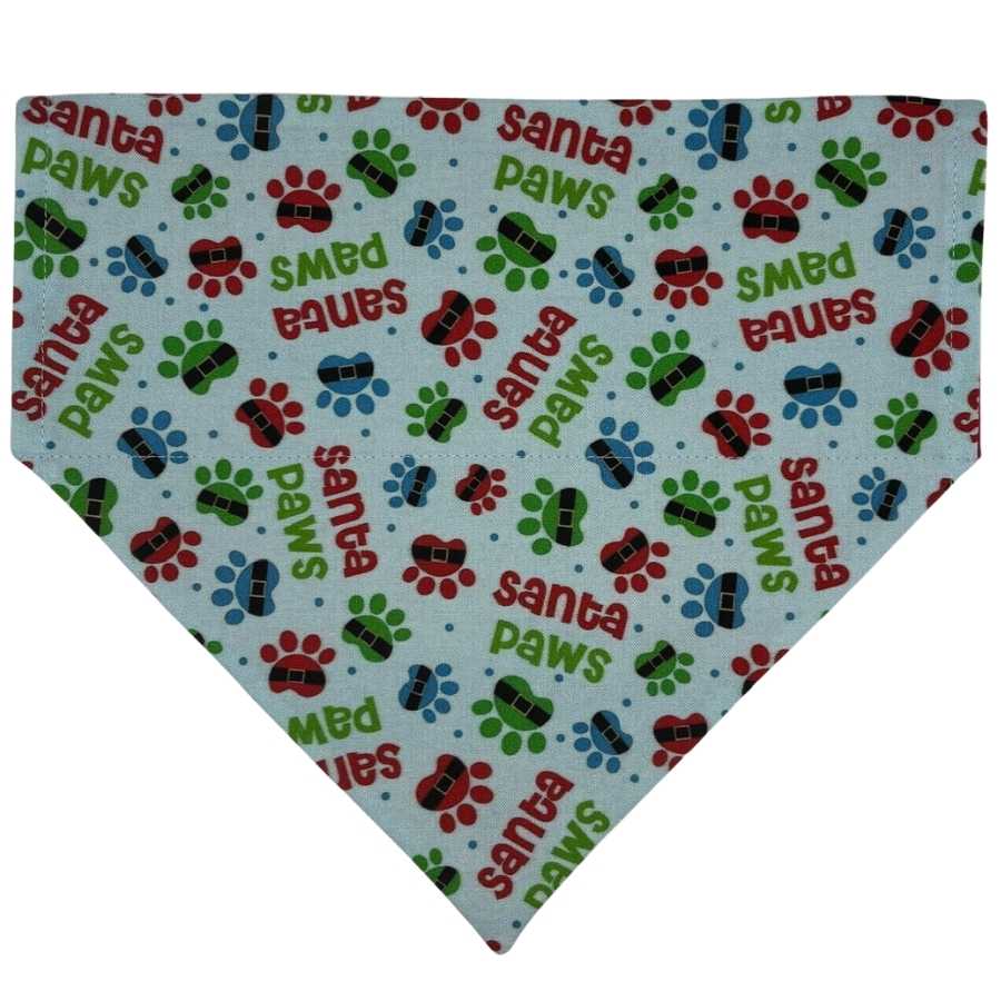 Santa Paws bandana with colorful paw prints design.