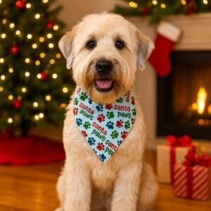 Dog in Christmas bandana by fireplace and tree.