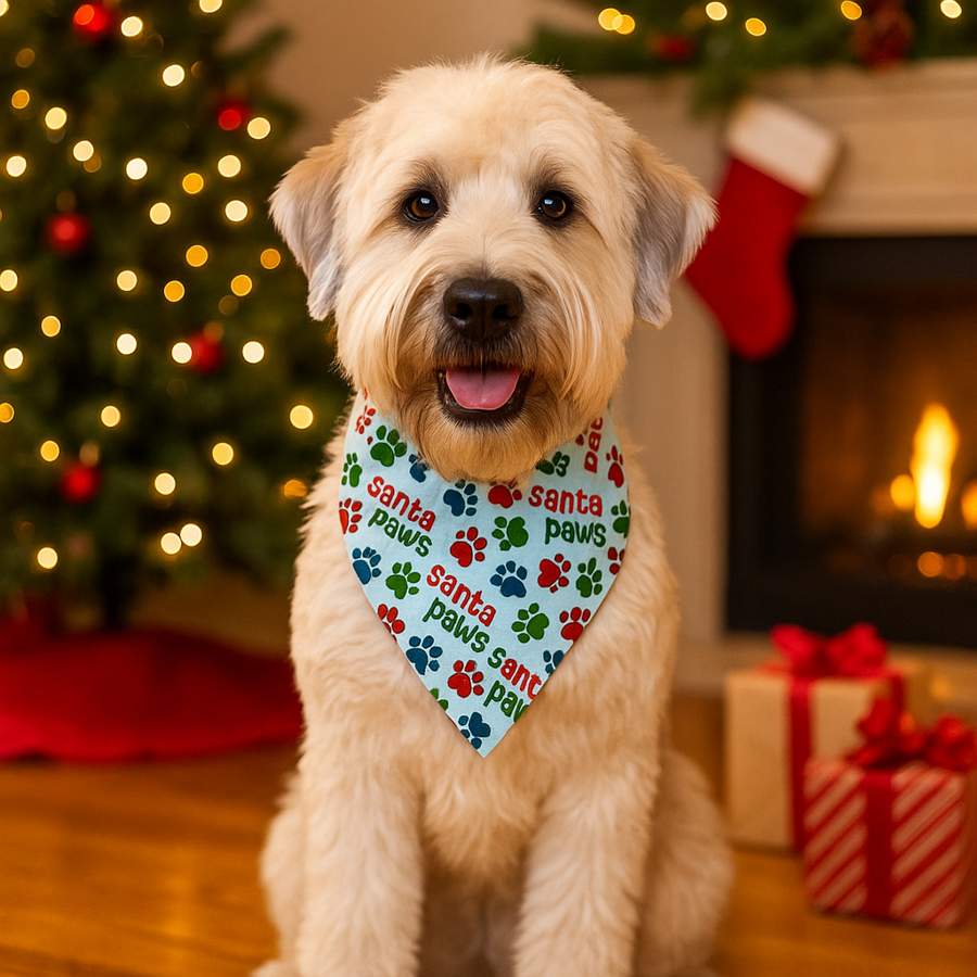 Dog in Christmas bandana by fireplace and tree.