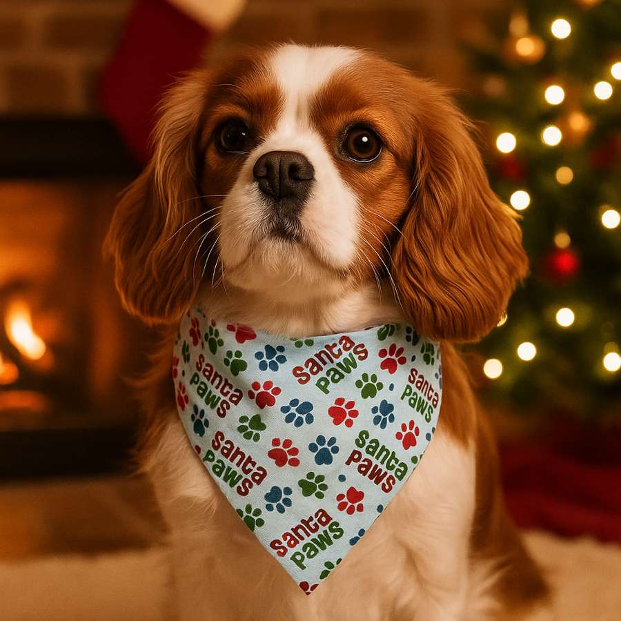 Cavalier King Charles Spaniel with holiday bandana by fireplace