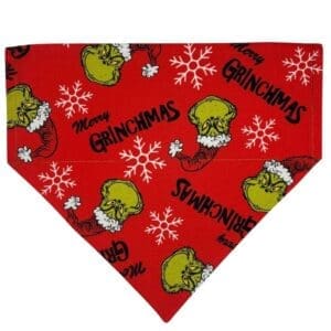 Red Grinchmas dog bandana with snowflakes.
