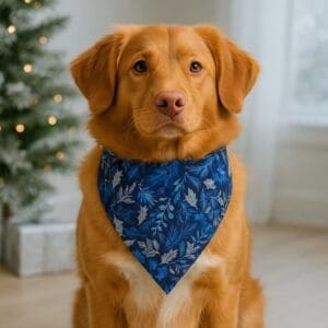 Dog wearing blue leaf-patterned bandana indoors.