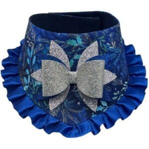 Blue ruffled collar with glitter bow design.
