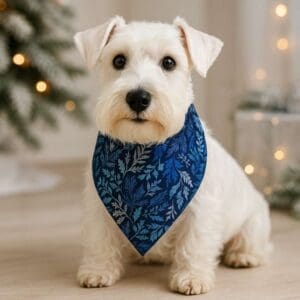White dog wearing blue bandana indoors