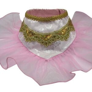 Pink and gold frilly pet collar with sequins.