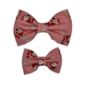 Pink Santa print bow ties, large and small