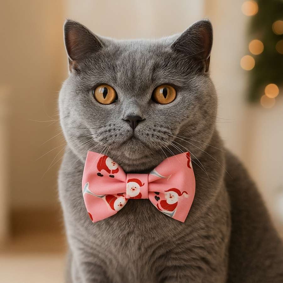 Gray cat with Santa bow tie.