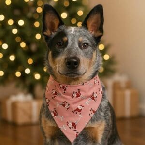 Dog wearing Christmas bandana near decorated tree